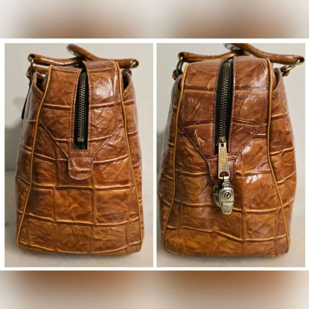 Vintage Park Lane Cognac Croc Embossed Leather Top Handle Satchel - Picture 3 of 12